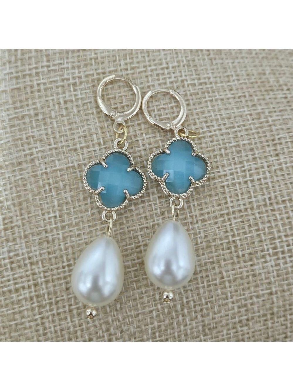 Teardrop Pearl/Turquoise Fashion Gold Tone Dangle Earrings - Picture 2 of 2